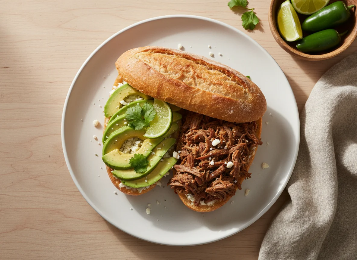 Bolillo con aguacate y carne photo