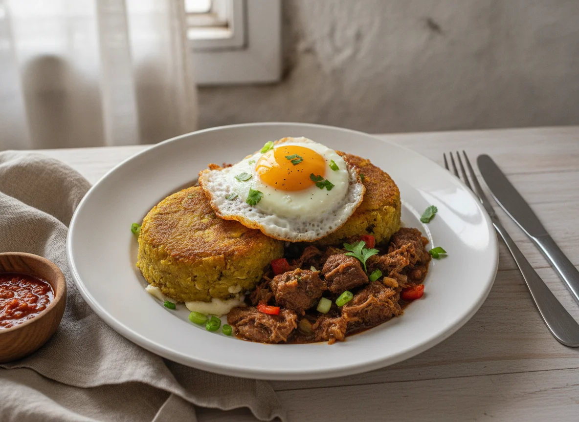 Bolón de verde con carne guisada y huevo frito photo