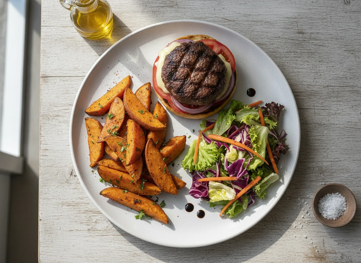 Boniato al horno con hamburguesa casera y ensalada mixta photo