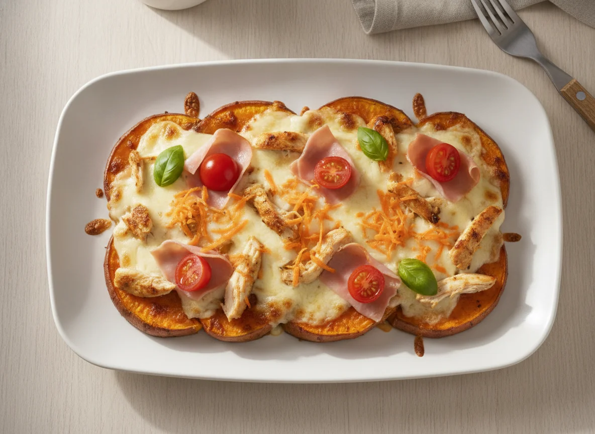 Boniato asado a la pizza con pollo y zanahoria photo