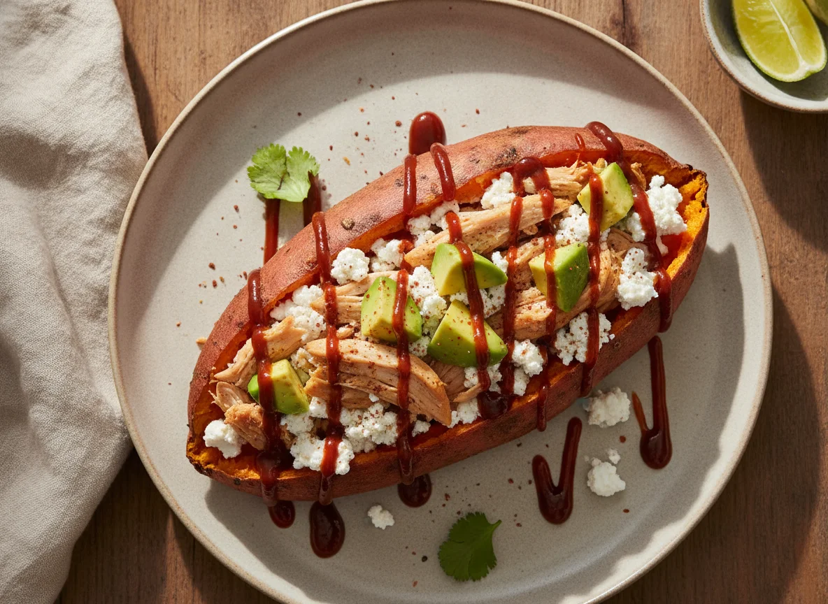 Boniato asado relleno de pollo, queso cottage y aguacate photo