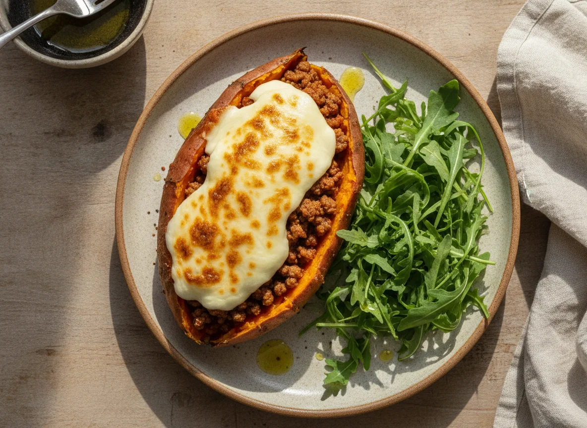 Boniato relleno con queso y ensalada de rúcula photo