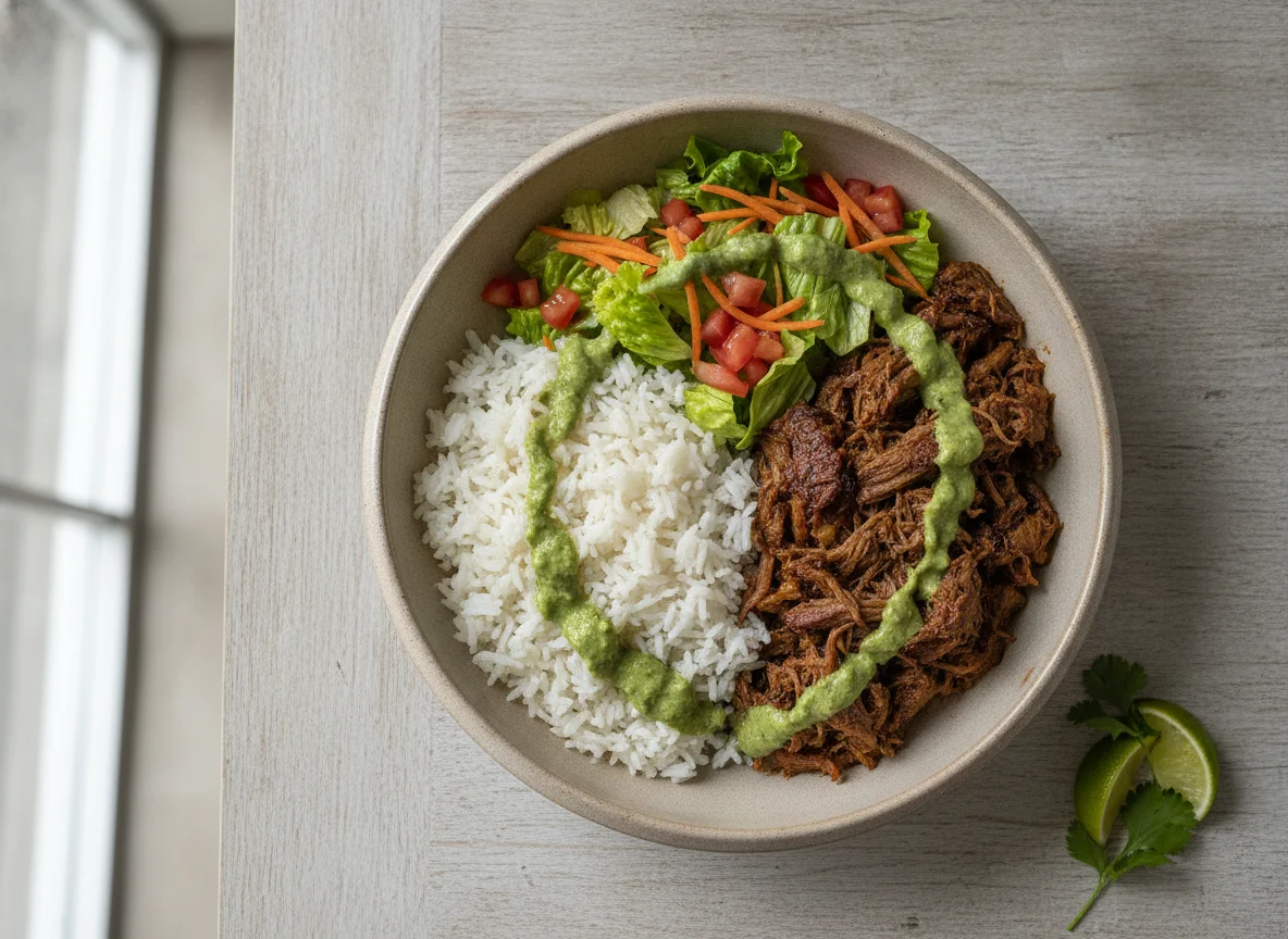 Bowl de arroz con carne desmechada y ensalada photo