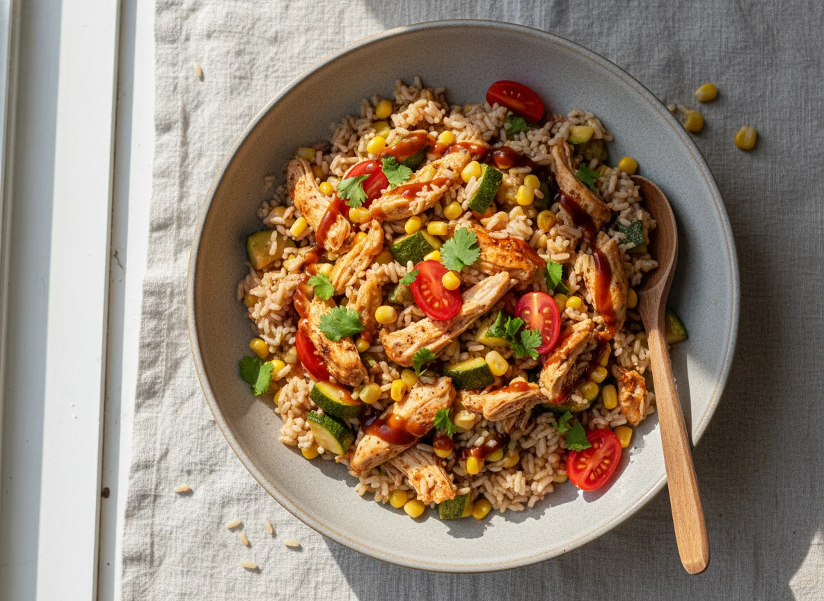 Bowl de arroz con pollo, calabacín y maíz photo
