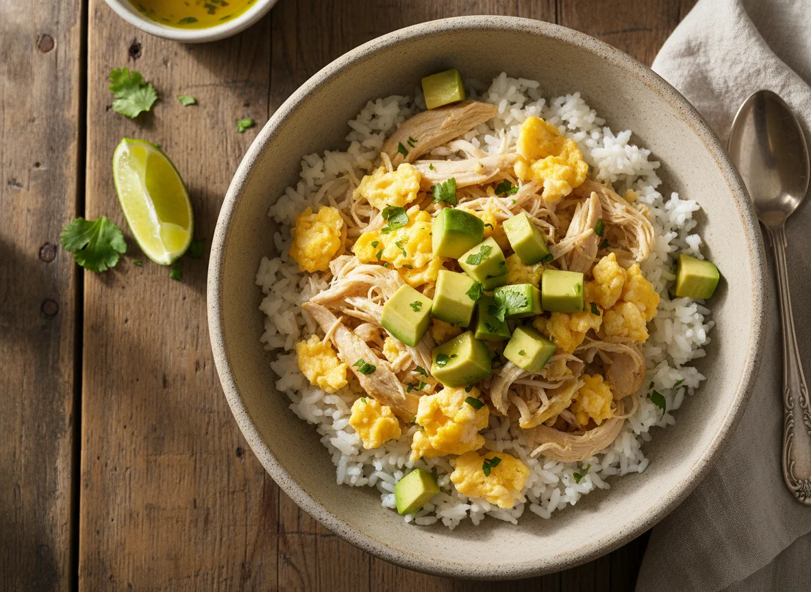 Bowl de arroz con pollo, huevo revuelto y palta photo