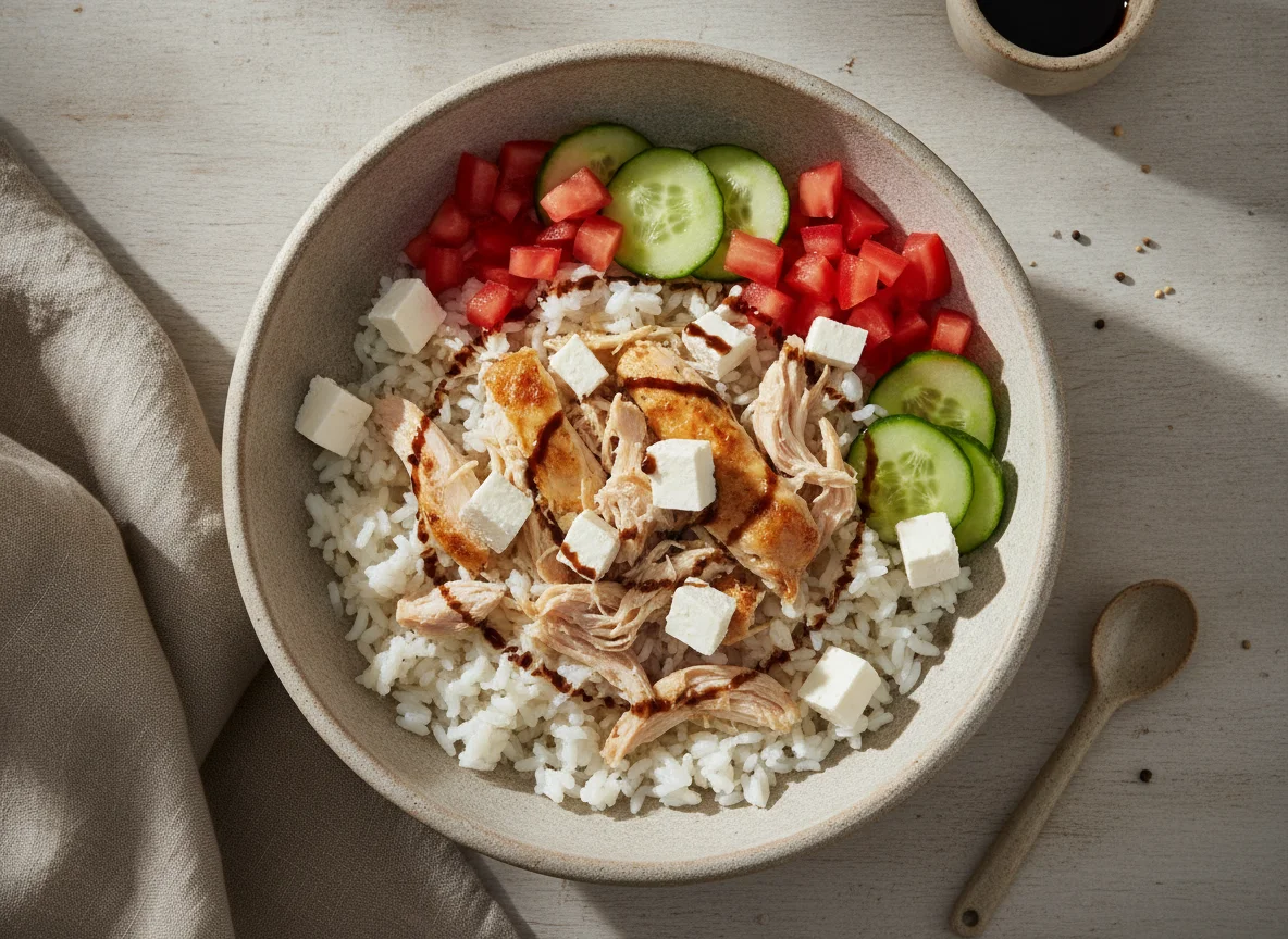 Bowl de arroz con pollo, queso y vegetales photo