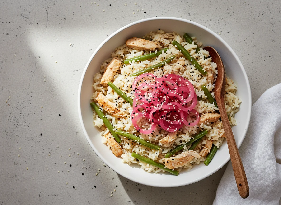 Bowl de arroz con pollo y vegetales photo