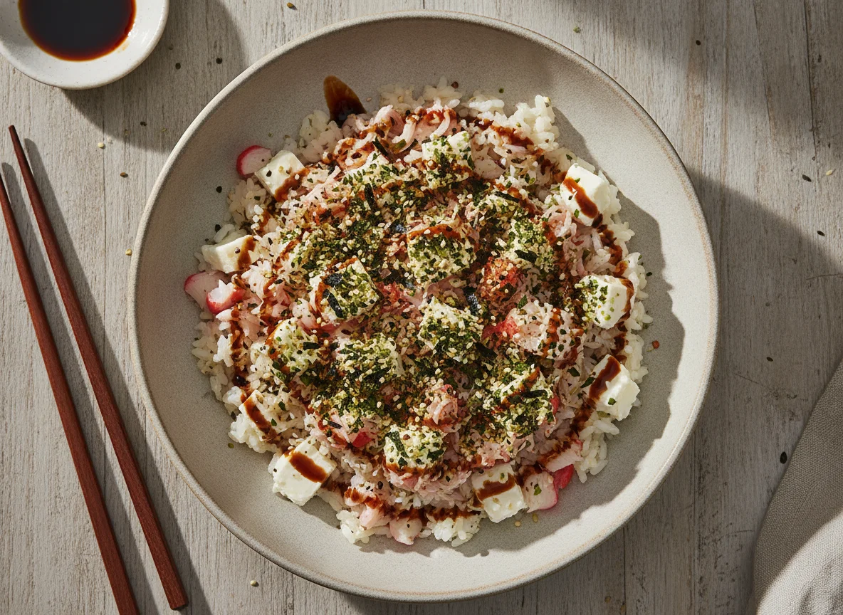 Bowl de arroz con surimi y queso crema photo