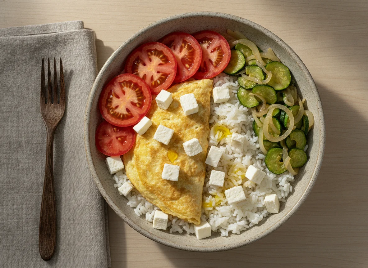 Bowl de arroz con tortilla, tomate, queso y vegetales photo