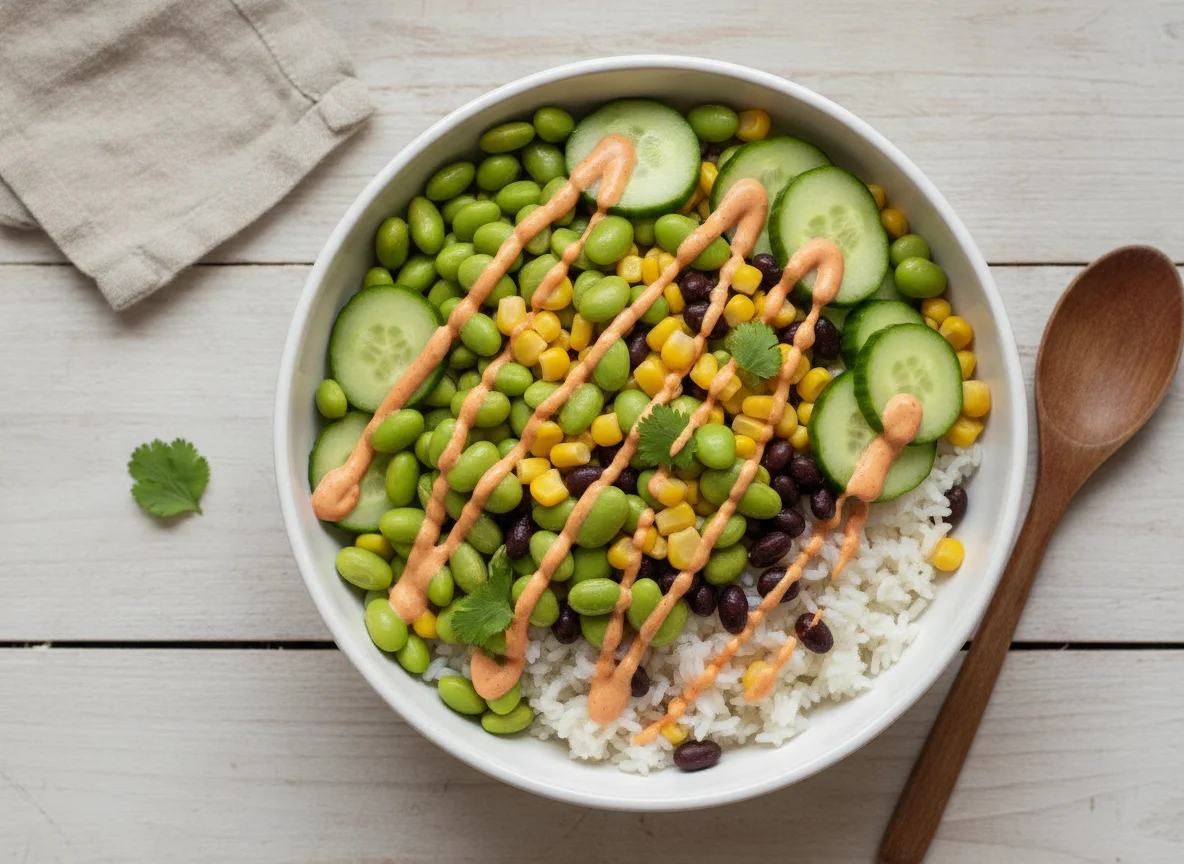 Bowl de arroz con vegetales y edamame photo
