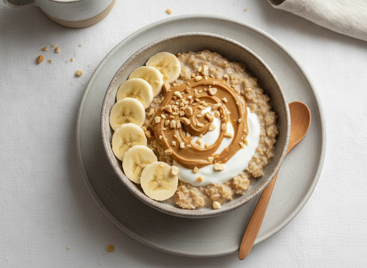 Bowl de avena con banana y mantequilla de maní photo