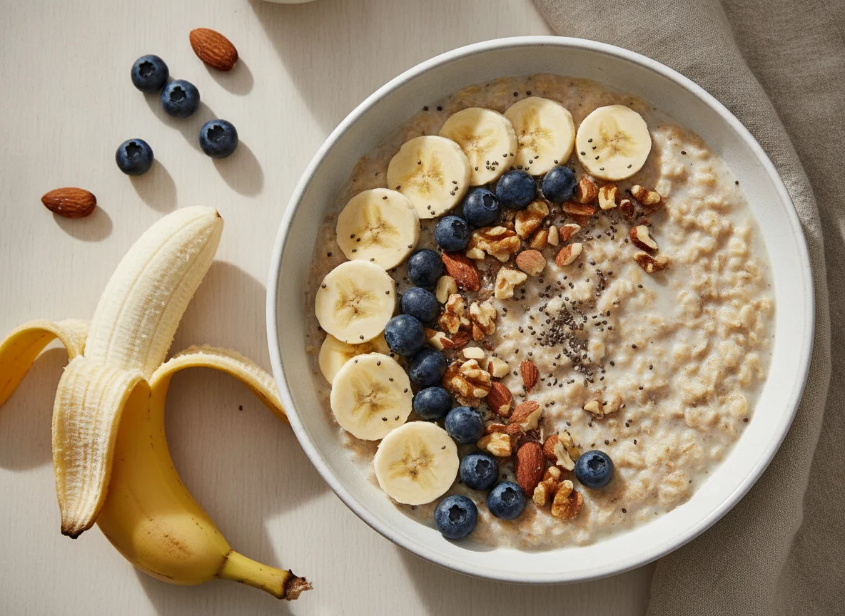 Bowl de avena con banano, arándanos y chía photo