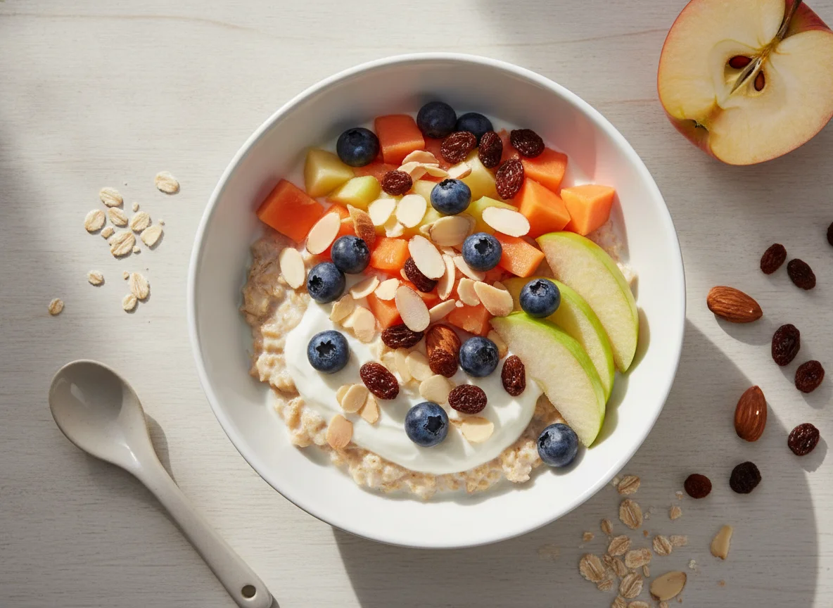 Bowl de avena con frutas y frutos secos photo