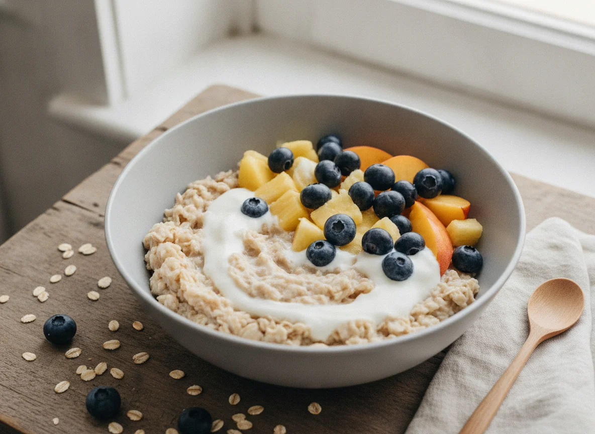 Bowl de avena con frutas y yogur photo