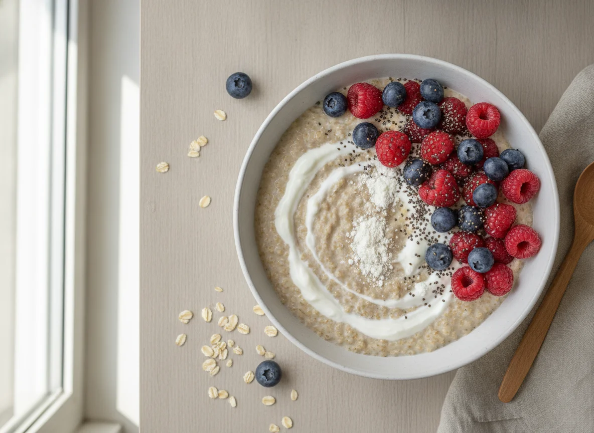 Bowl de avena con yogur, proteína y fruta photo