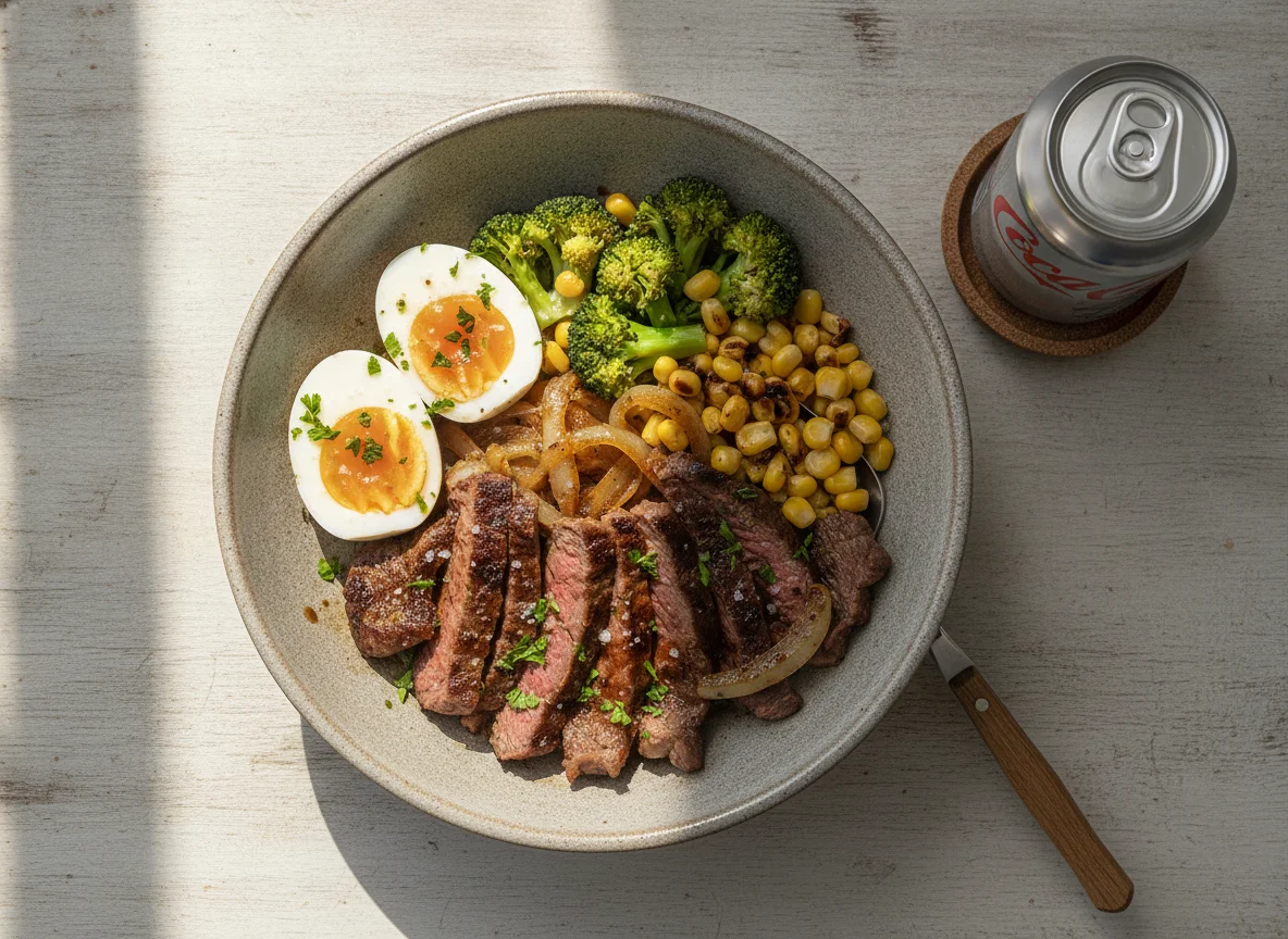 Bowl de bistec con huevo y vegetales photo