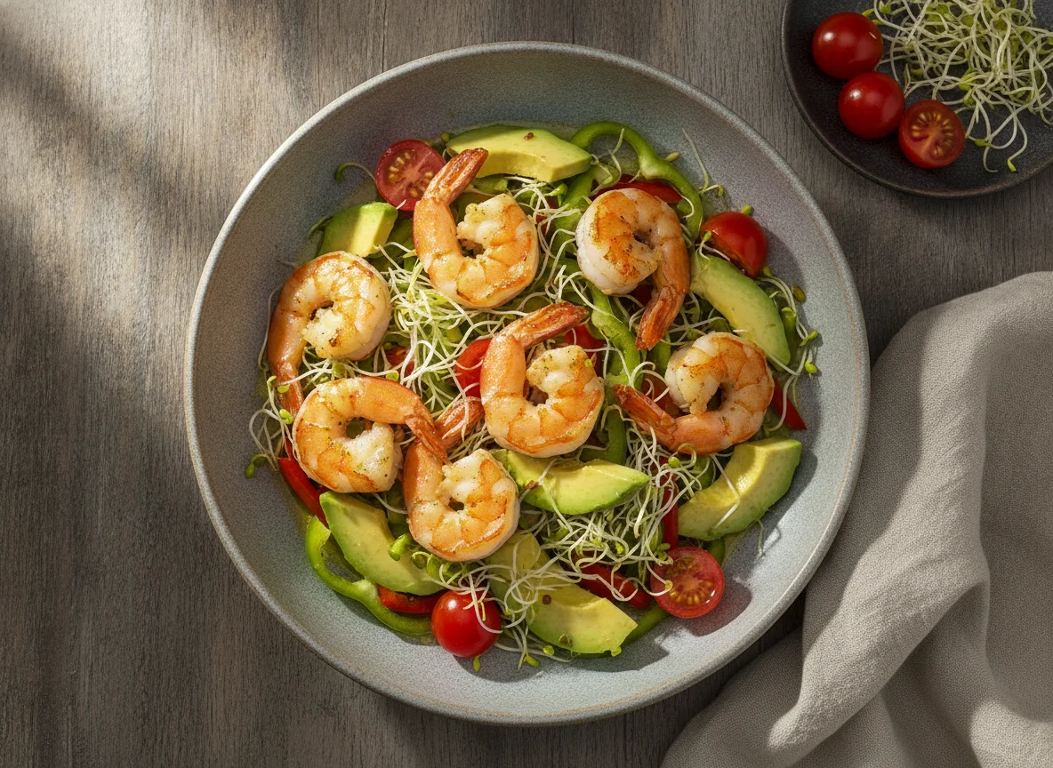 Bowl de camarones con aguacate y brotes photo