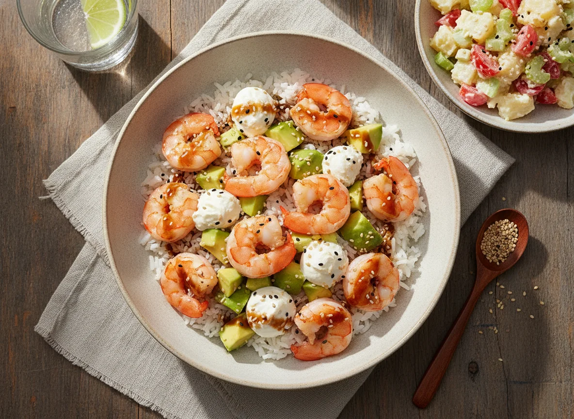 Bowl de camarones con palta y ensalada de papas photo