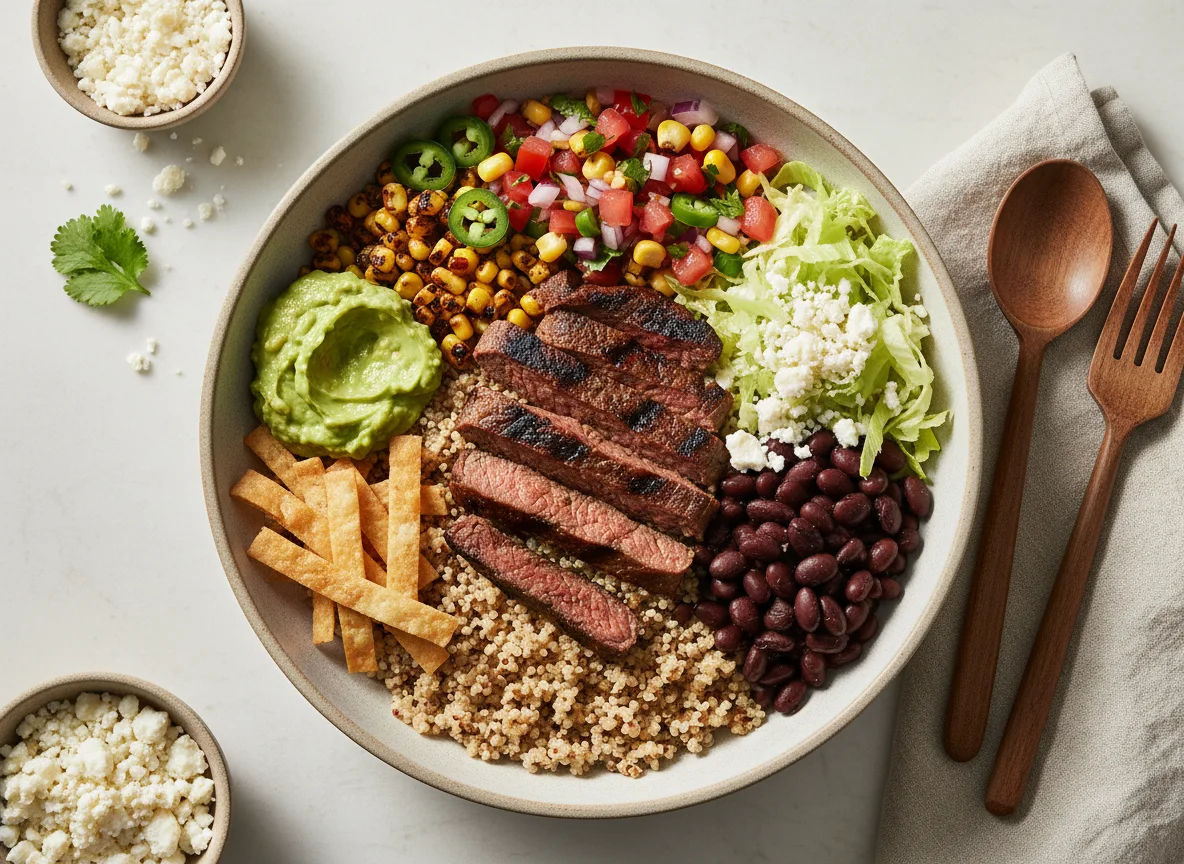 Bowl de carne asada con quinoa y vegetales photo