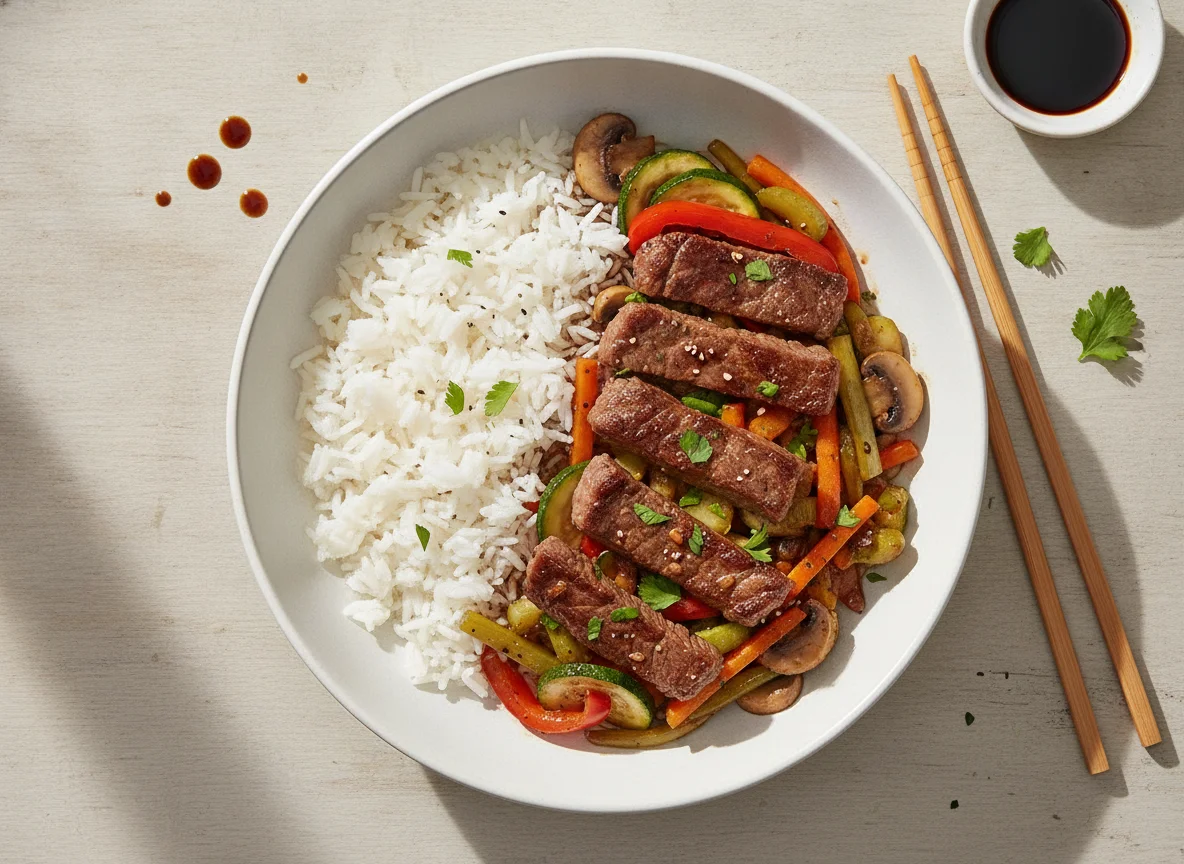Bowl de carne con verduras y arroz blanco photo