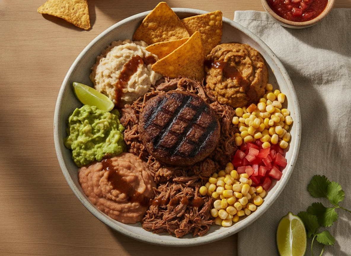 Bowl de carne desmechada con hamburguesa y acompañamientos photo