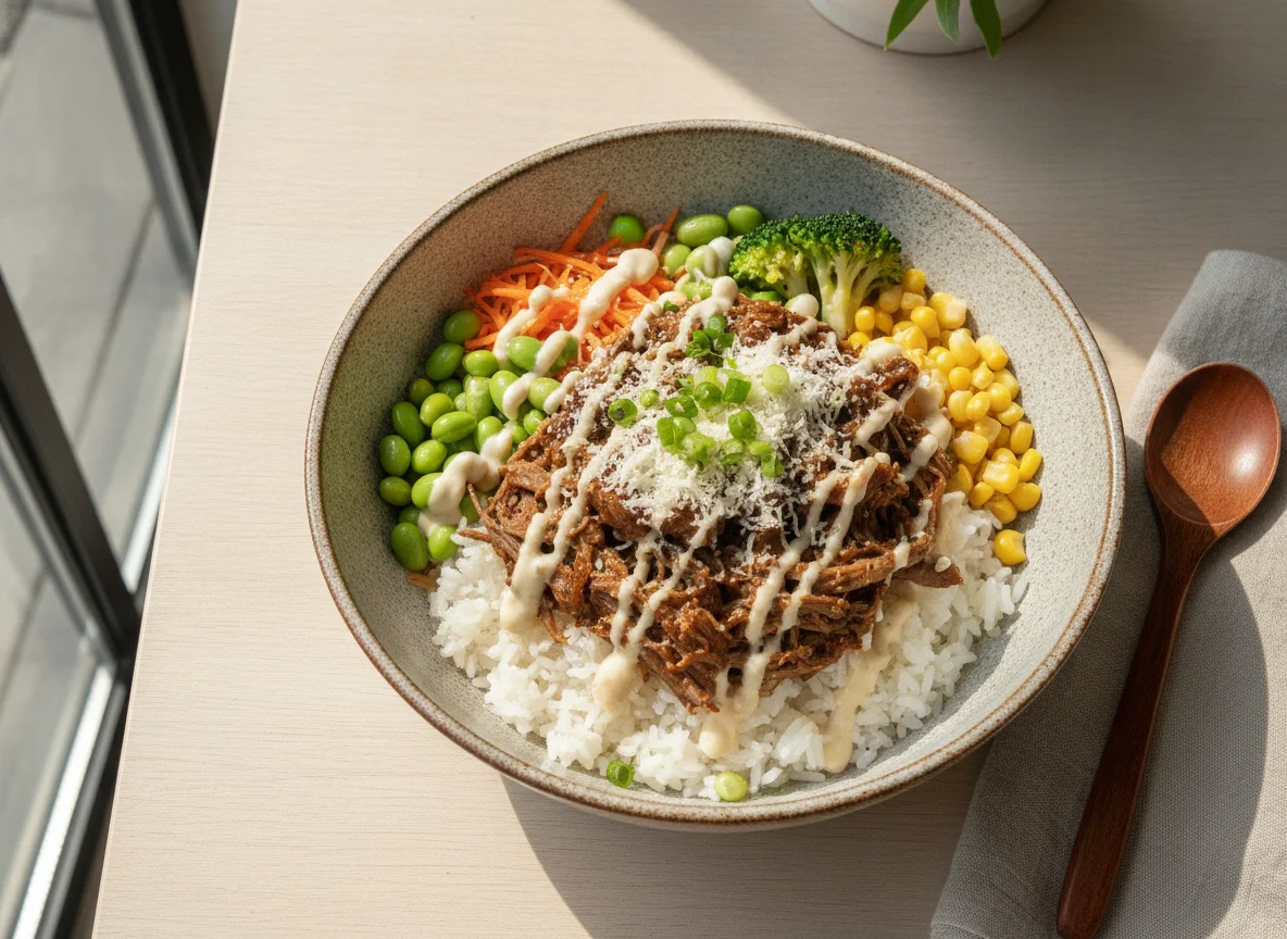Bowl de carne desmechada con vegetales y edamame photo