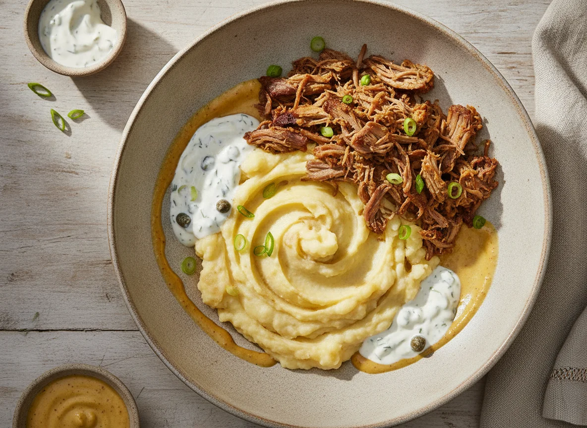 Bowl de carne desmechada frita con puré y salsas photo