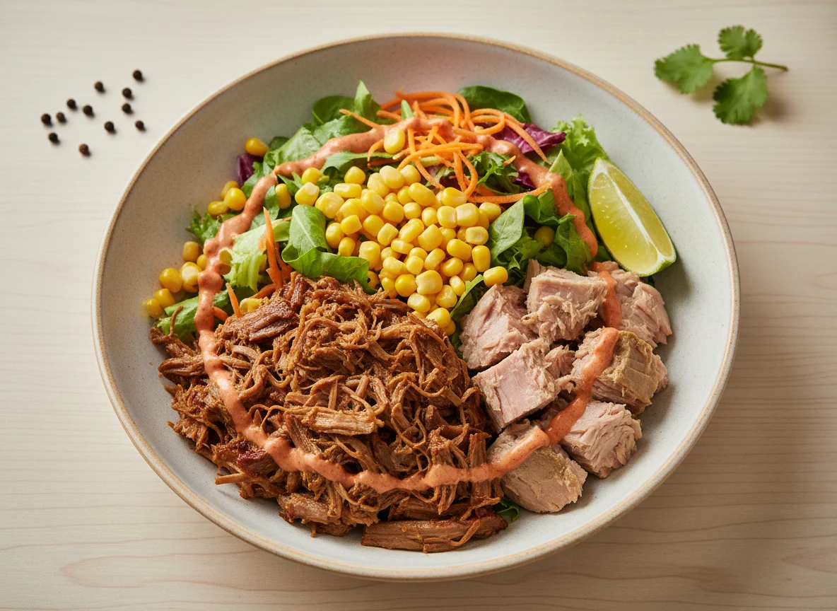 Bowl de carne desmechada y atún photo