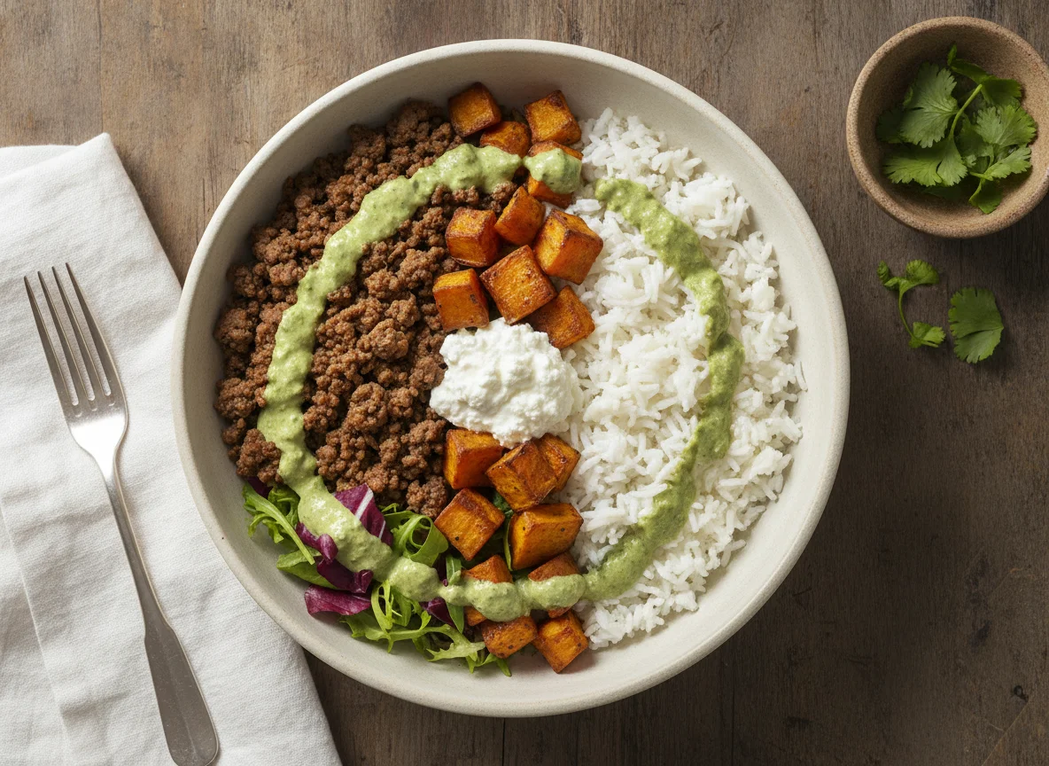 Bowl de carne molida con arroz y aderezo de cilantro photo