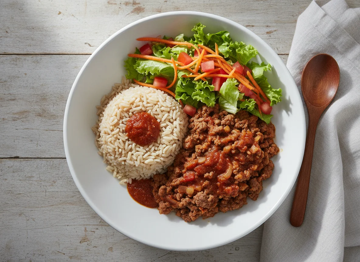 Bowl de carne molida con arroz y ensalada photo