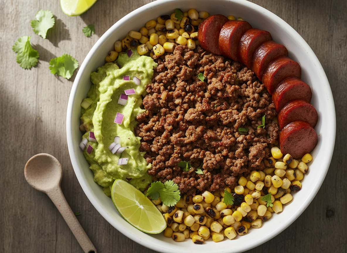 Bowl de carne molida con guacamole y salchicha photo
