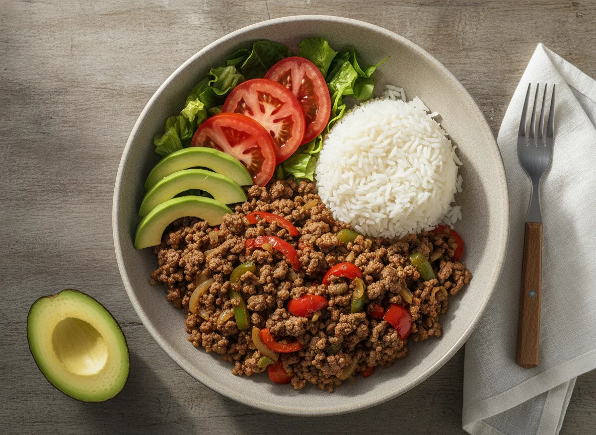 Bowl de carne picada, arroz y vegetales photo