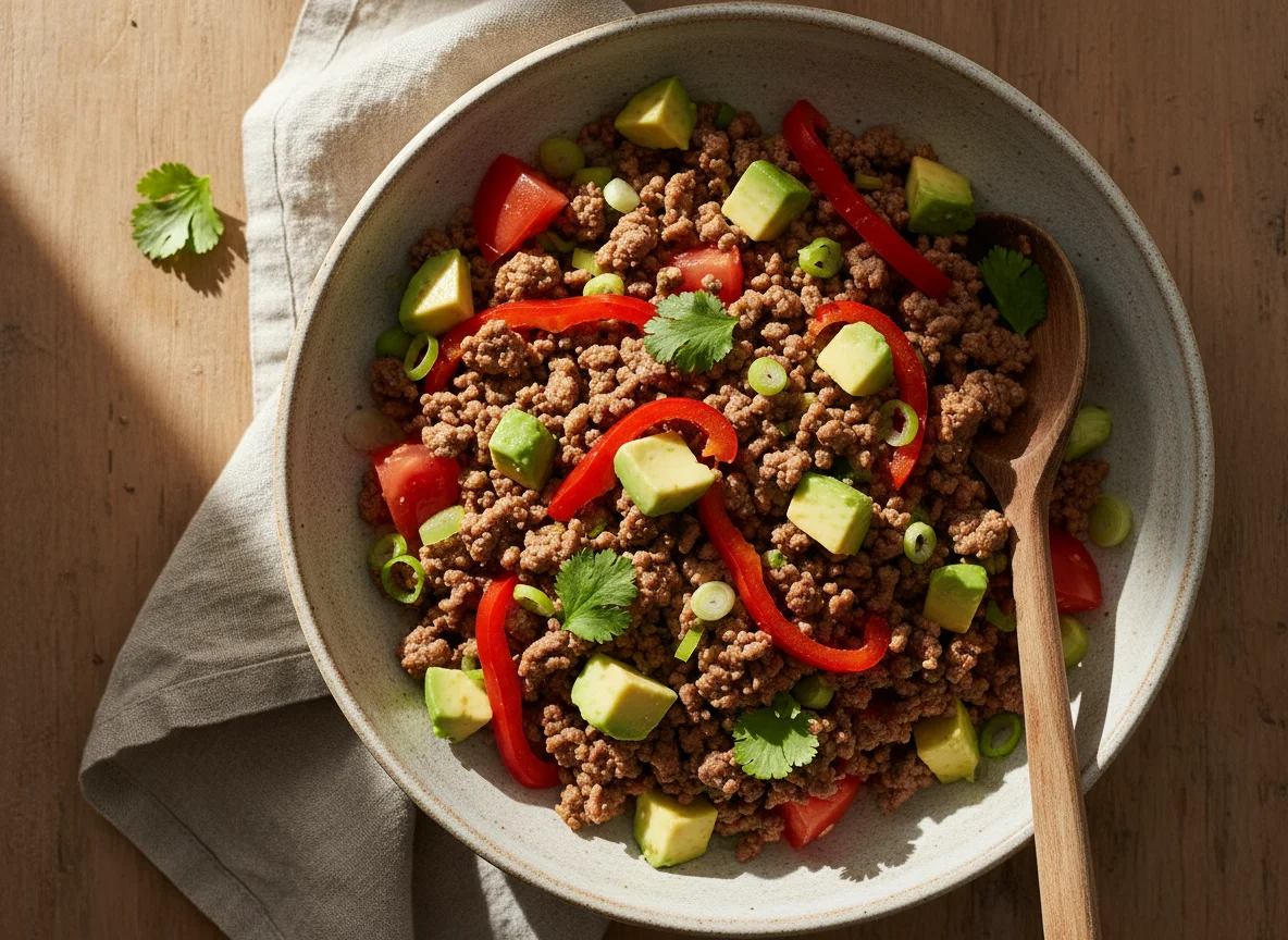 Bowl de carne picada con aguacate y verduras photo