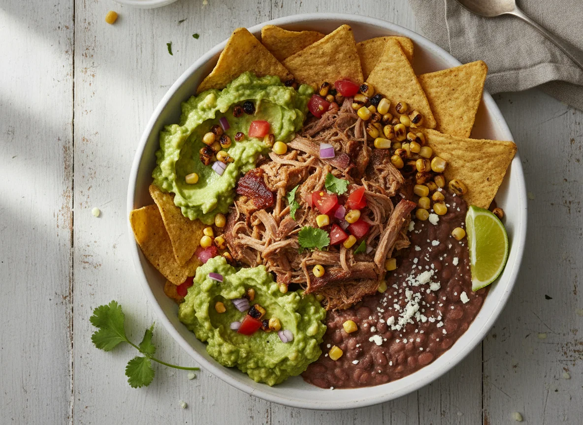 Bowl de cerdo con guacamole y nachos photo