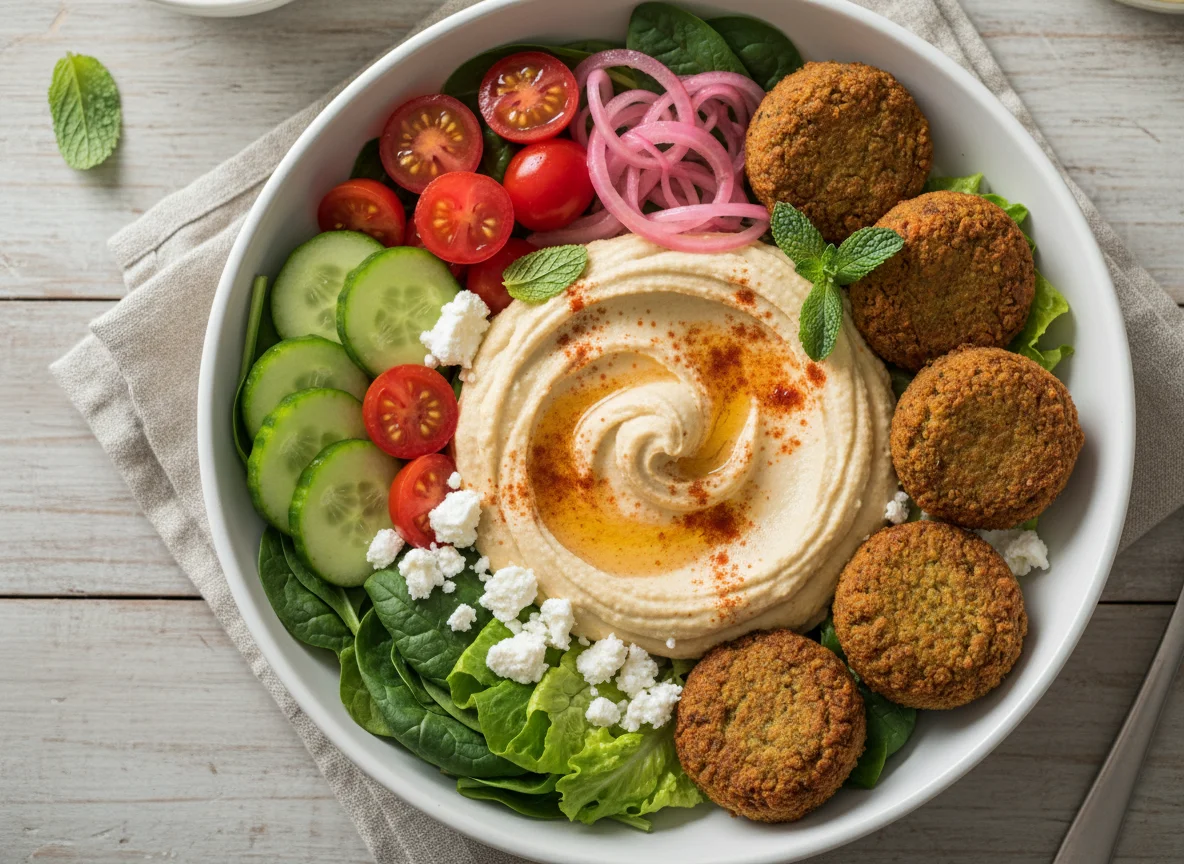 Bowl de falafel con vegetales y hummus photo