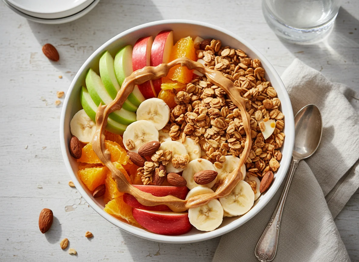 Bowl de frutas con granola, almendras y mantequilla de maní photo