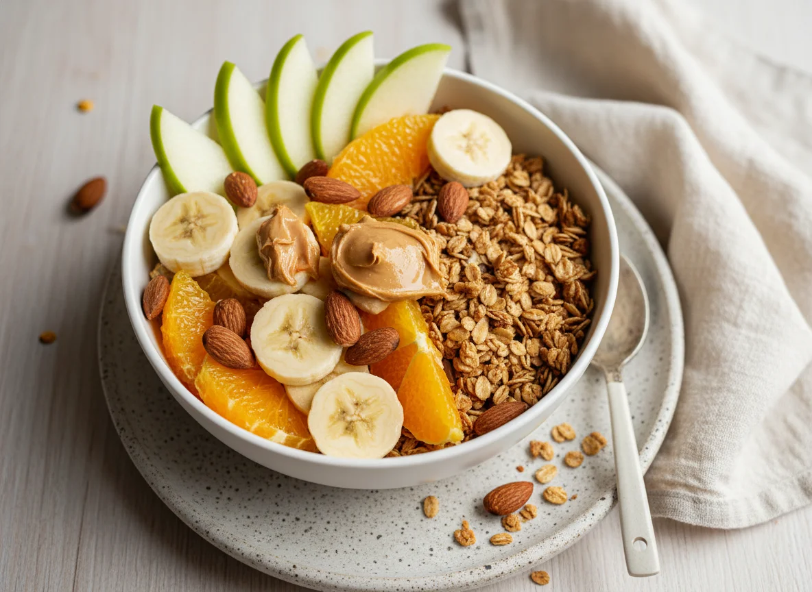 Bowl de frutas con granola y almendras photo