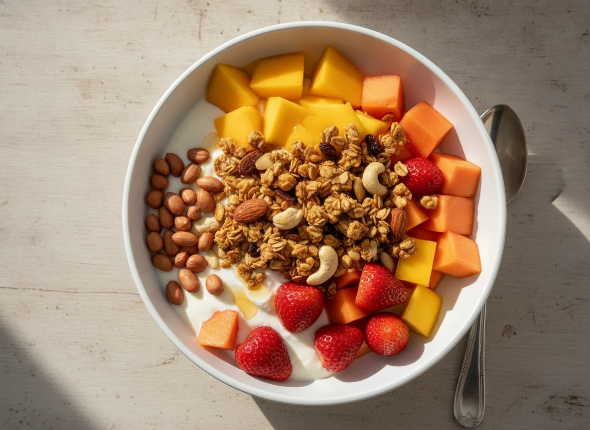 Bowl de frutas con granola y yogurt photo