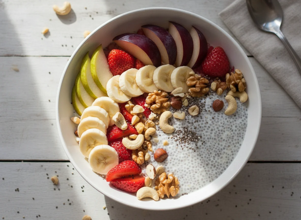 Bowl de frutas con yogur, chía y frutos secos photo