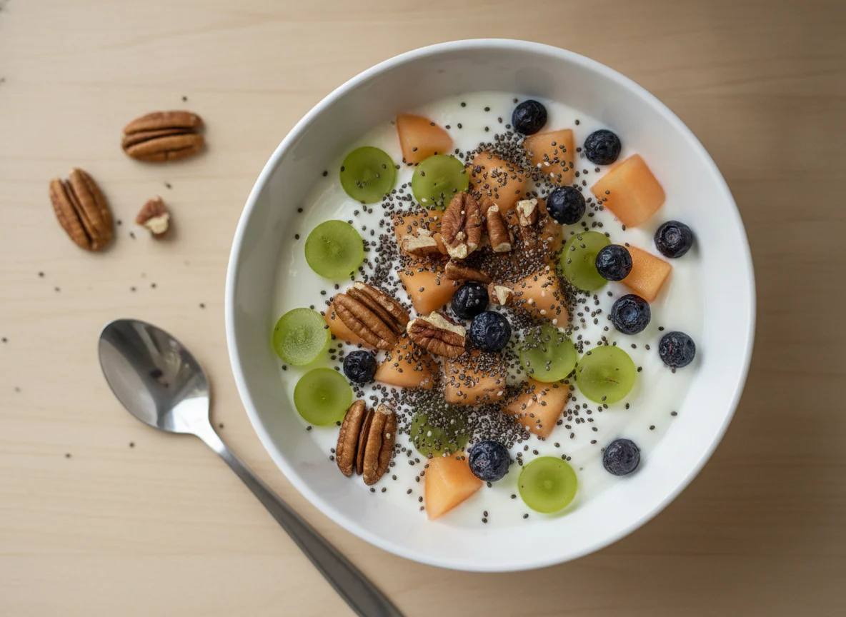Bowl de frutas con yogurt, nuez y chía photo