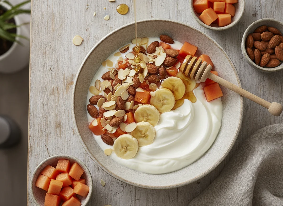 Bowl de frutas con yogurt y almendras photo