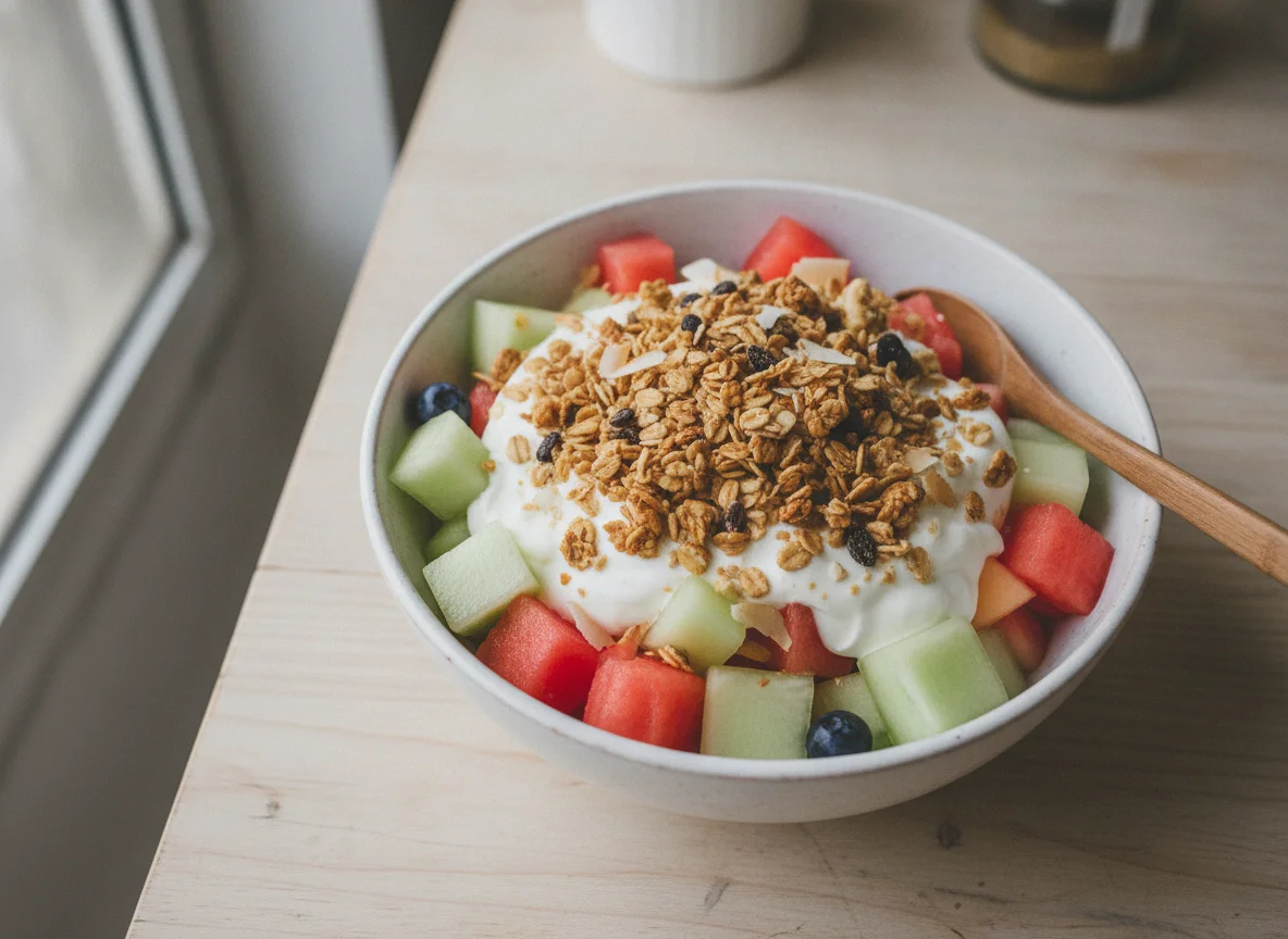 Bowl de frutas con yogurt y granola photo