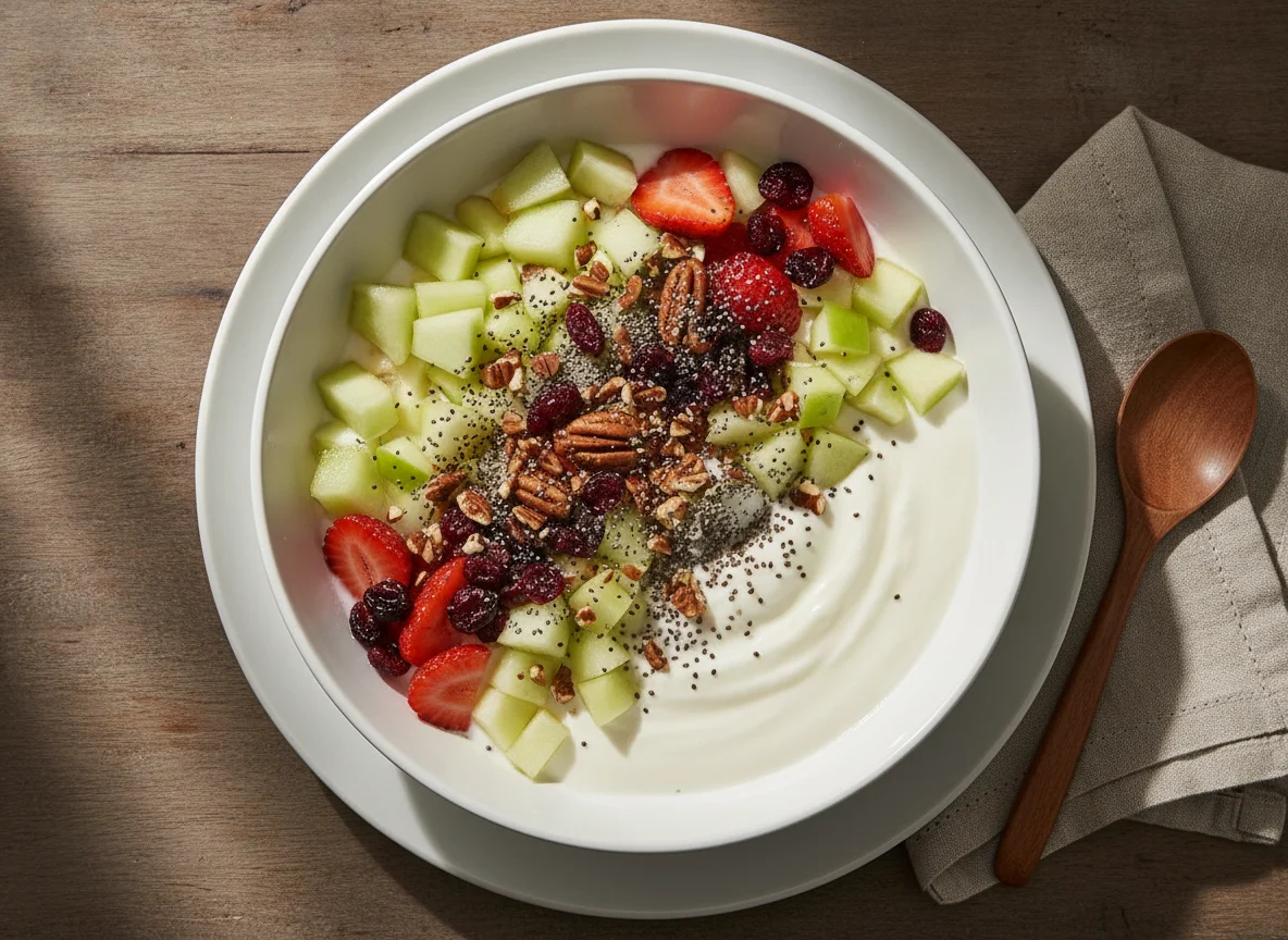 Bowl de frutas con yogurt y nueces photo