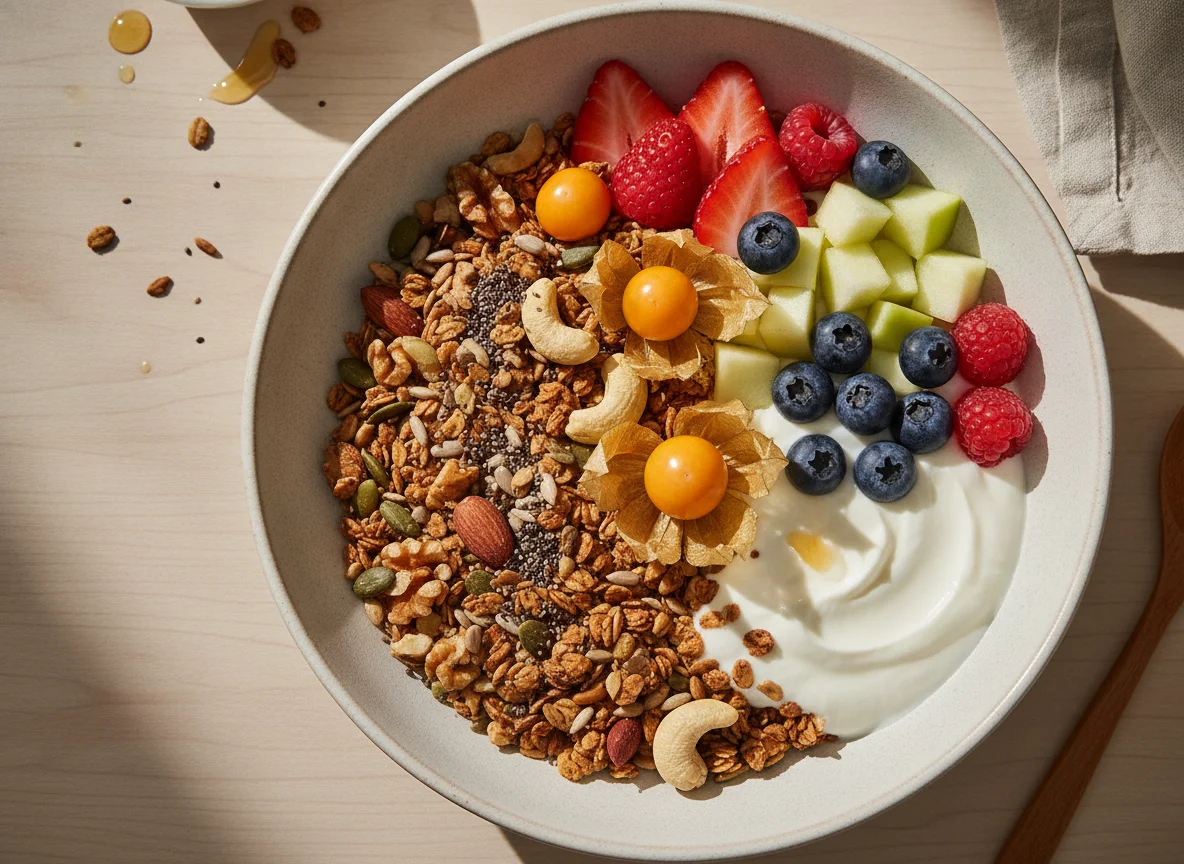 Bowl de granola con frutas y yogurt photo