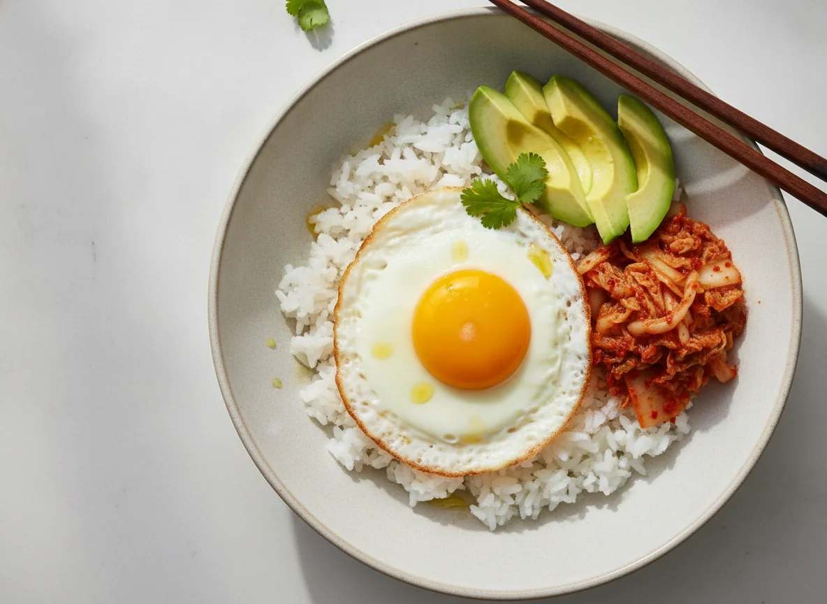 Bowl de huevo frito con palta y kimchi photo