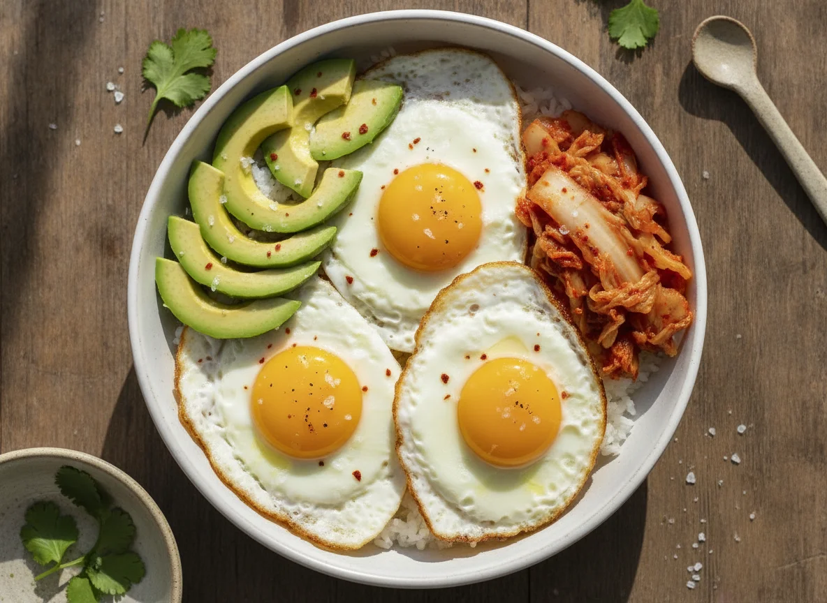 Bowl de huevos fritos con palta y kimchi photo