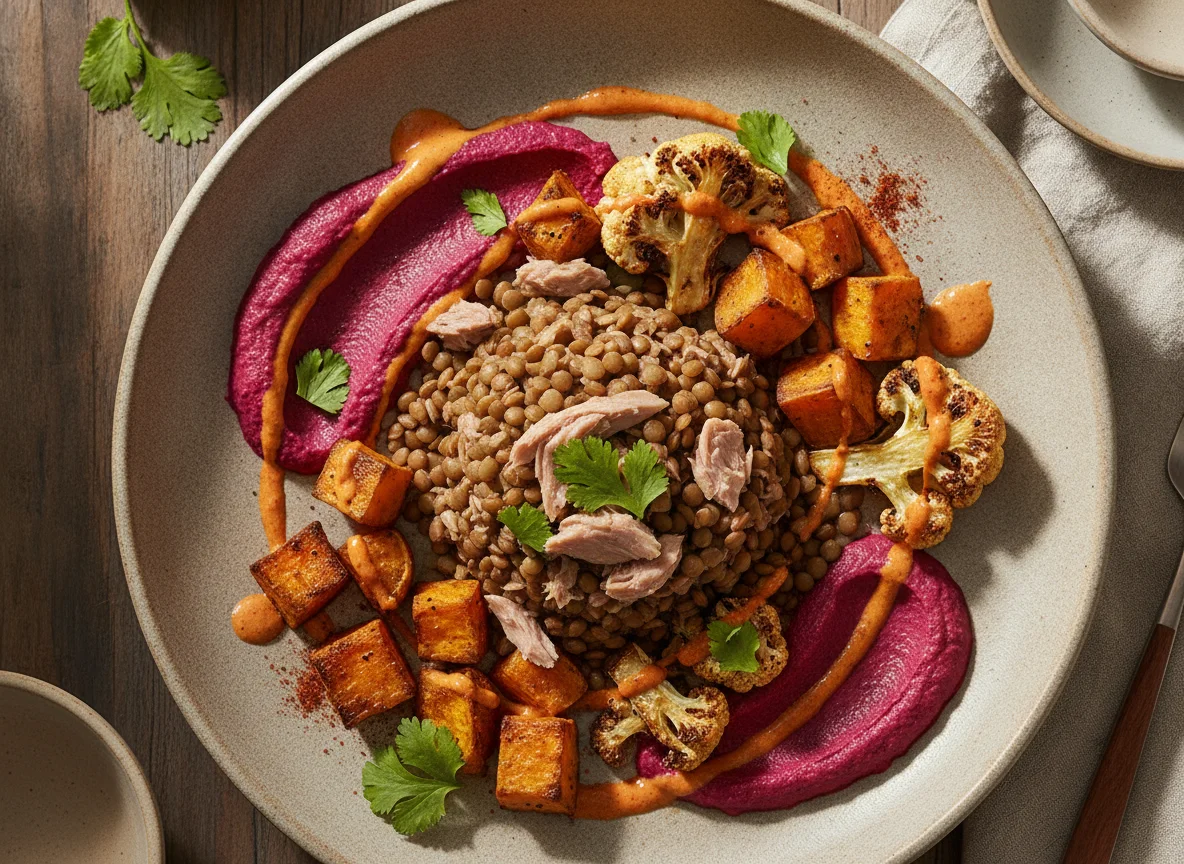 Bowl de lentejas con atún, boniato y coliflor photo