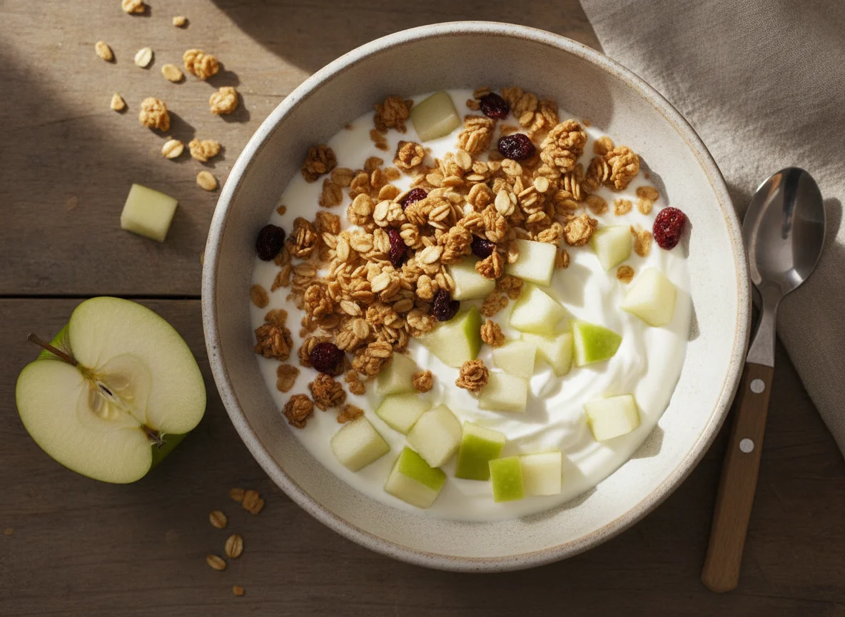 Bowl de manzana con yogurt y granola photo
