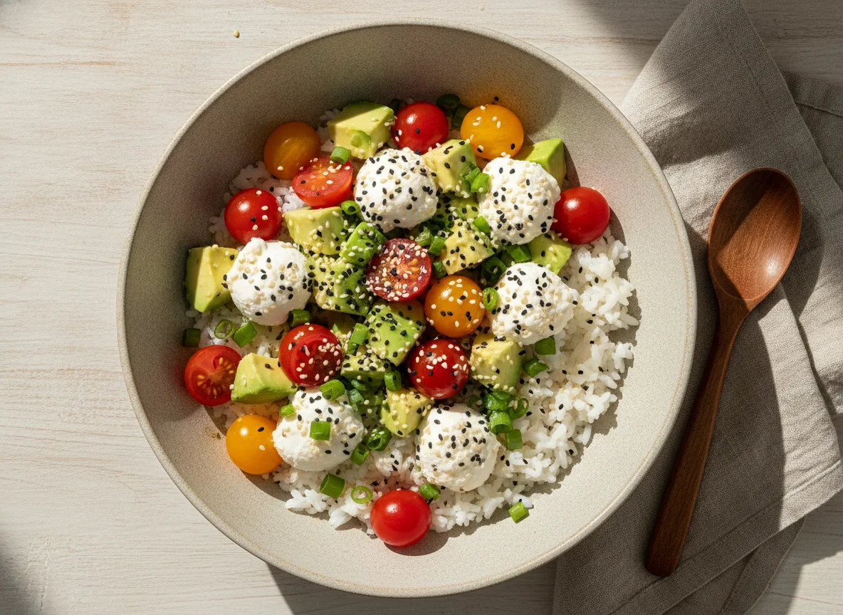 Bowl de palta, tomates cherry y queso crema photo
