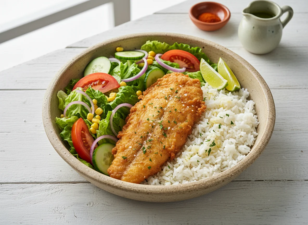 Bowl de pescado frito con ensalada y arroz photo